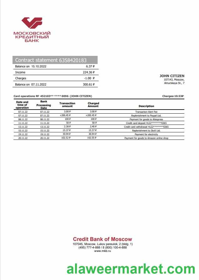 Russia Credit Bank of Moscow bank statement